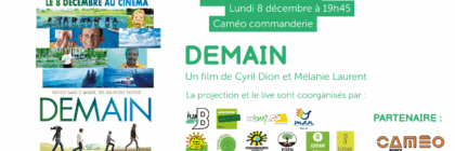 Bannière communication de la projection du film Demain. Avec infos pratiques et logos des partenaires.