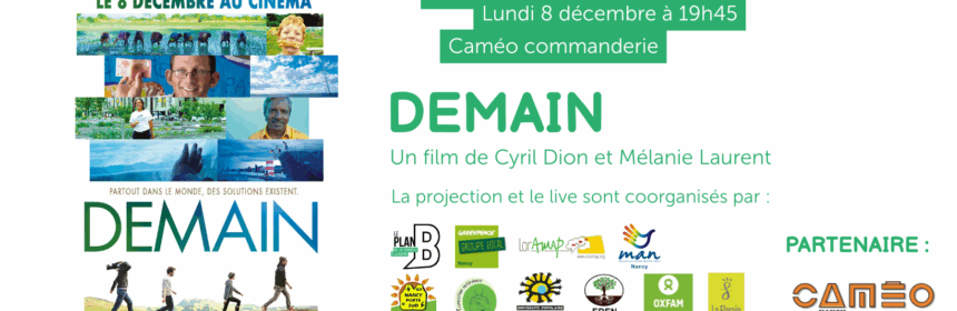 Bannière communication de la projection du film Demain. Avec infos pratiques et logos des partenaires.