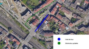 Propositions d'aménagements cyclable et création d'une voie de bus sur l'avenue du Général Leclerc en vue de dessus