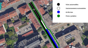 Propositions de voies de circulations et d'arrêts / stationnements en vue de dessus de la rue Saint-Léon