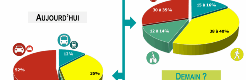Diagrammes comparant les modes de déplacements utilisés en pourcentage, à destination de la métropole, en 2021 et en 2030.